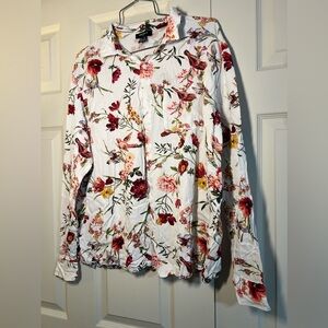 Floral Button-Down Shirt - White with Red & Pink Blooms